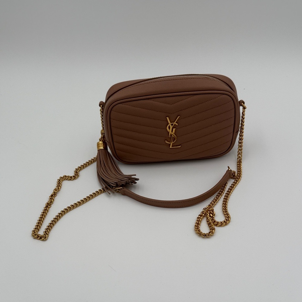 Yves Saint Laurent Tan Leather Crossbody Bag with Gold Chain